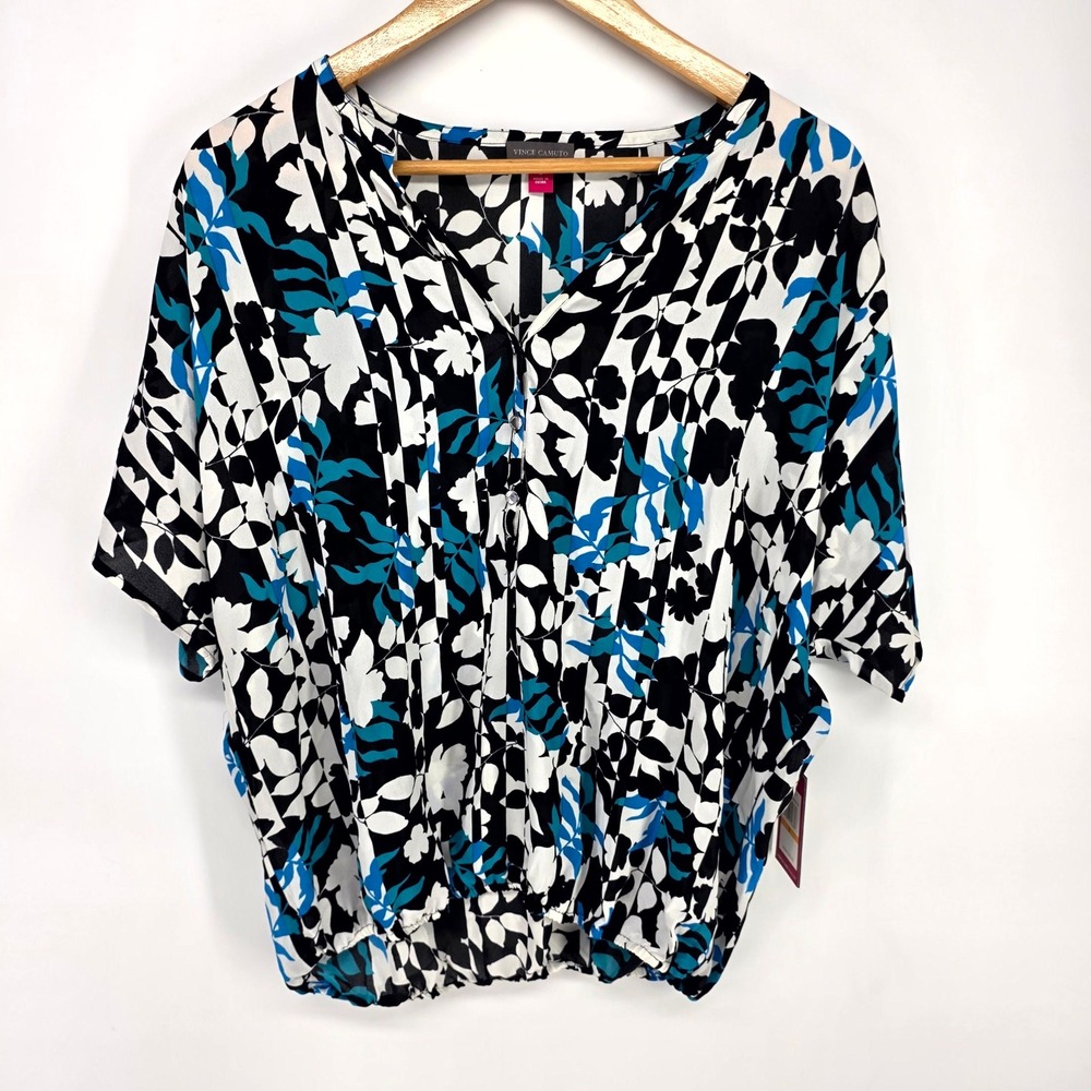 Vince Camuto Blouse Womens S Riviera Blue Floral V-Neck Bubble Hem 9326004 New